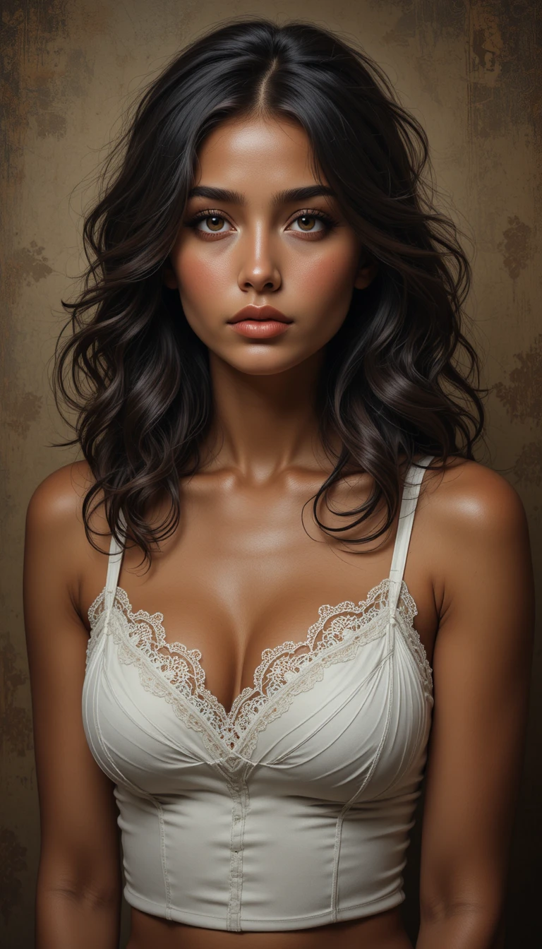 Thoughtful young woman in white lace top portrait