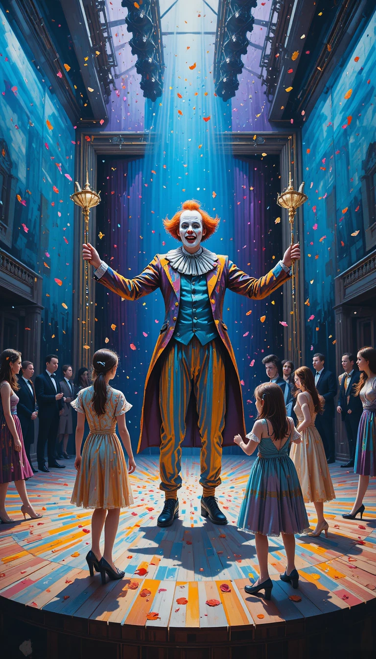 Clown On Stage Playing With Laughing Children In Warm Light