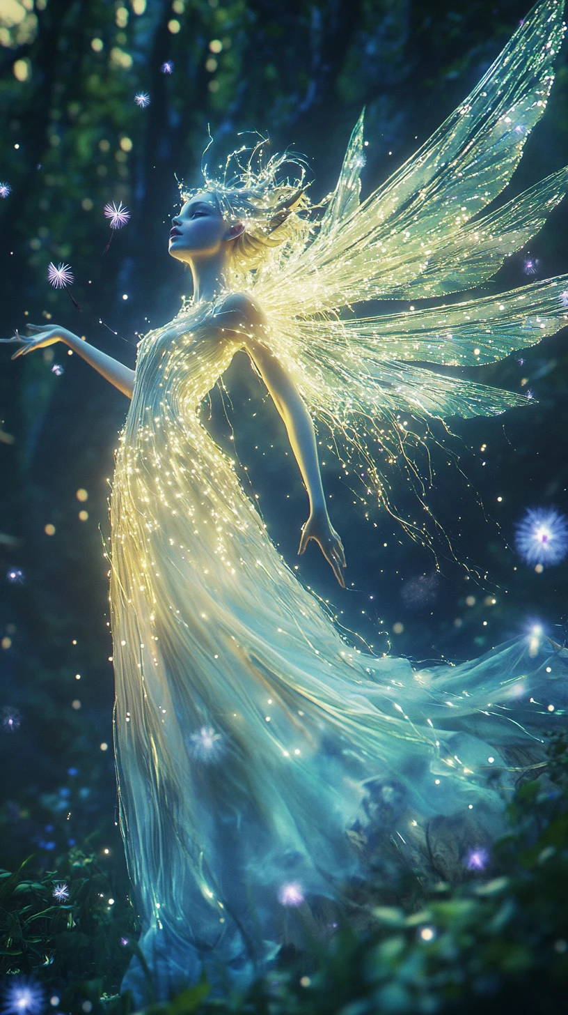 Celestial elf dancing in a glowing bioluminescent forest