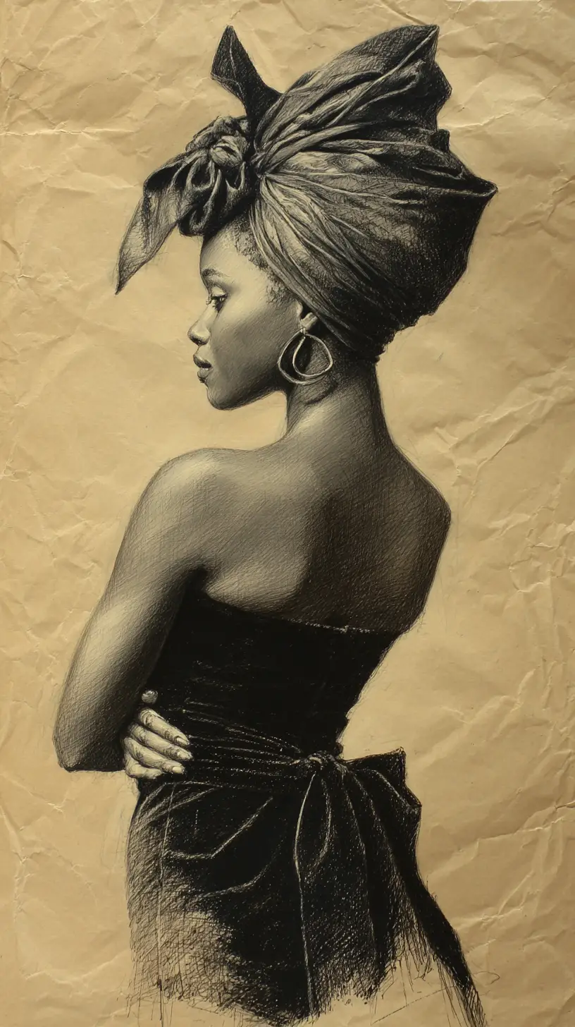 Charcoal bust portrait of a young woman in headscarf