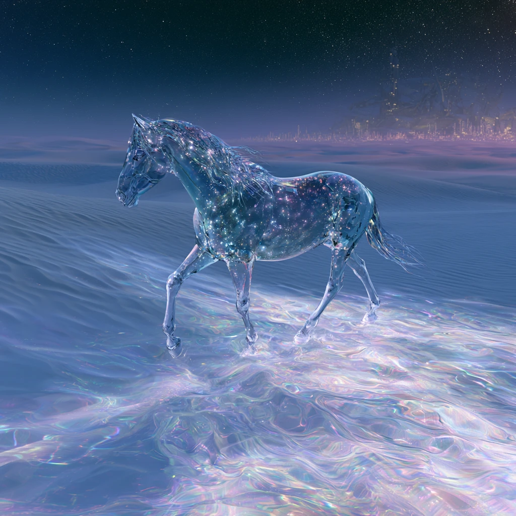 Crystal horse galloping across a starlit surreal desert