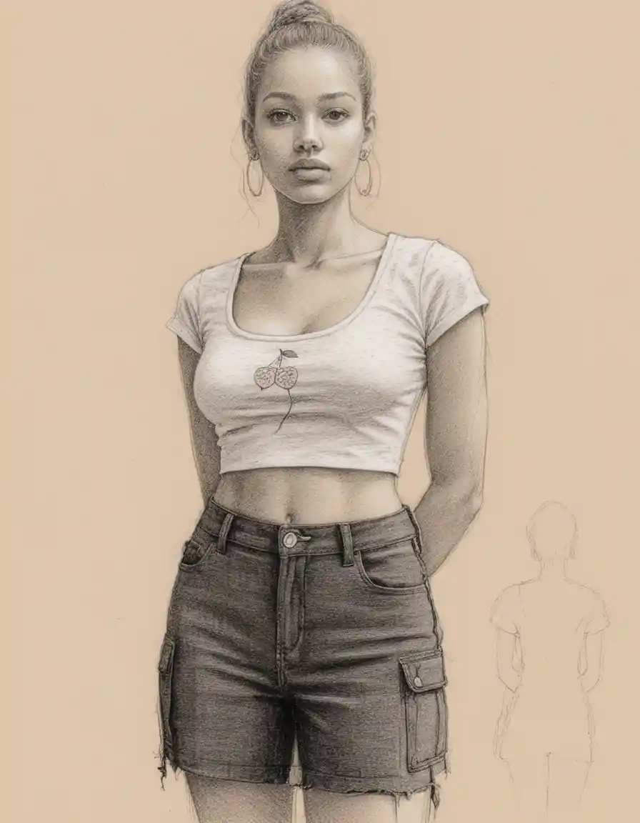 Charcoal portrait of a confident young woman in crop top