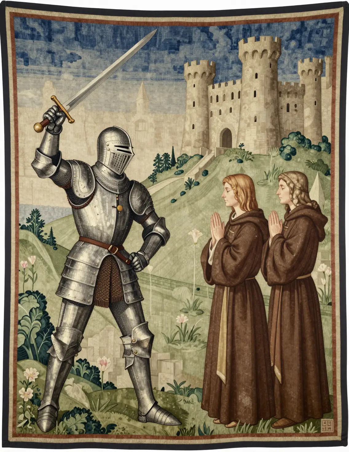 Medieval tapestry of a knight raising his sword in armor