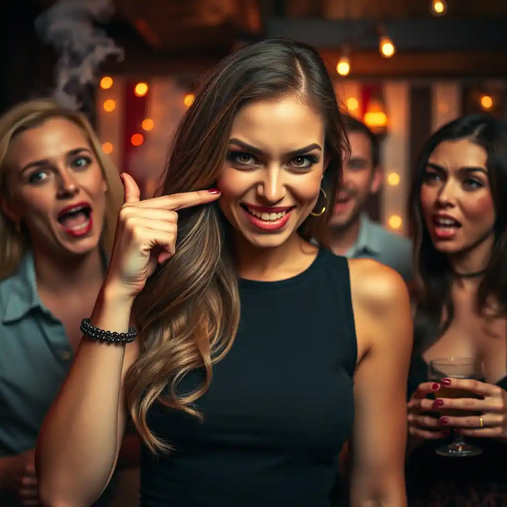 Glamorous woman pinching her nose with a cheeky grimace