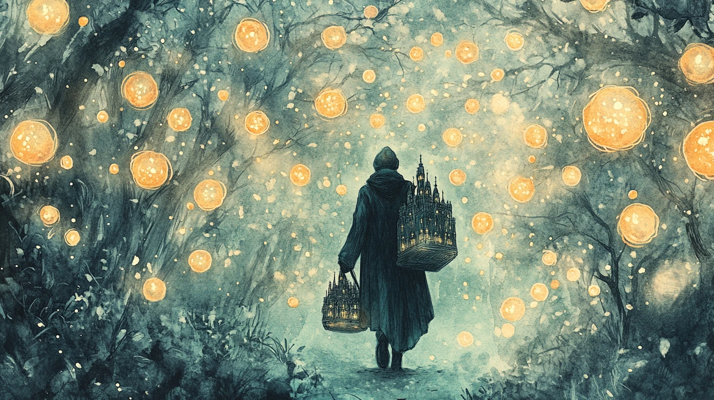 Mystical figure scattering glowing world filled seeds