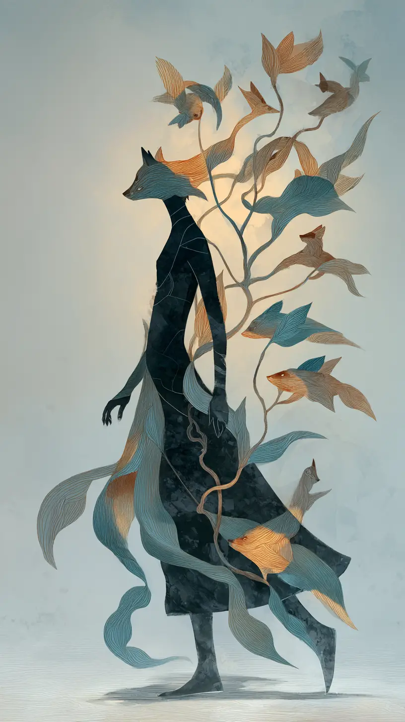 Surreal woman dissolving into birds foxes and serpents