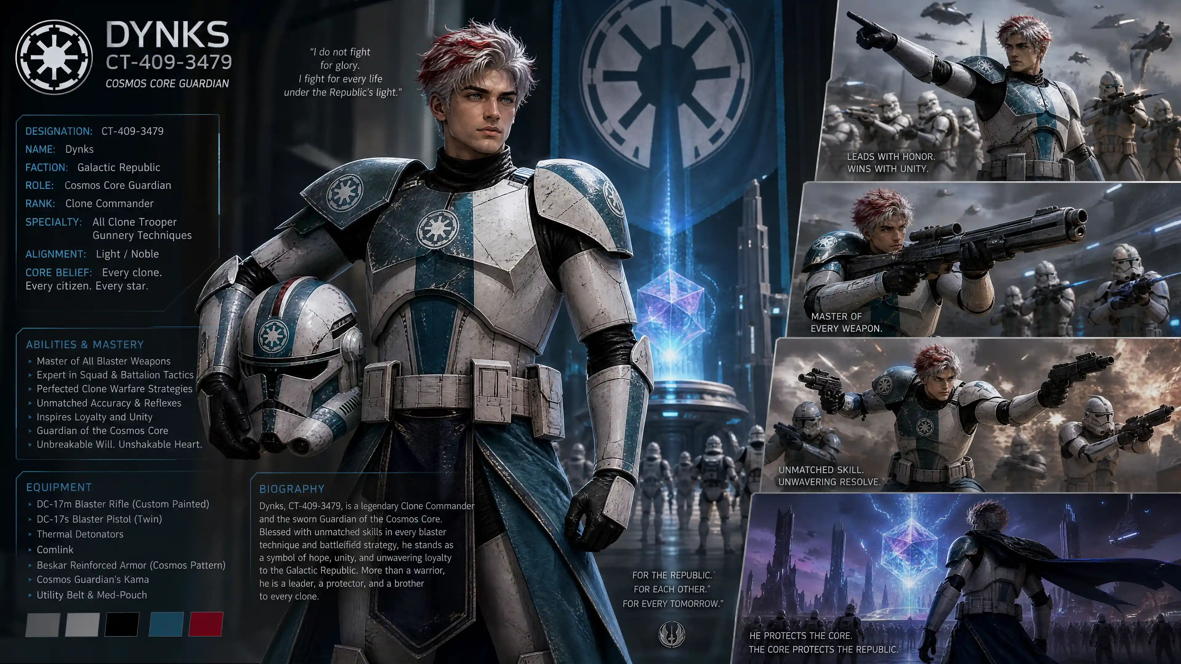 Armored male guardian with red tipped silver hair in space
