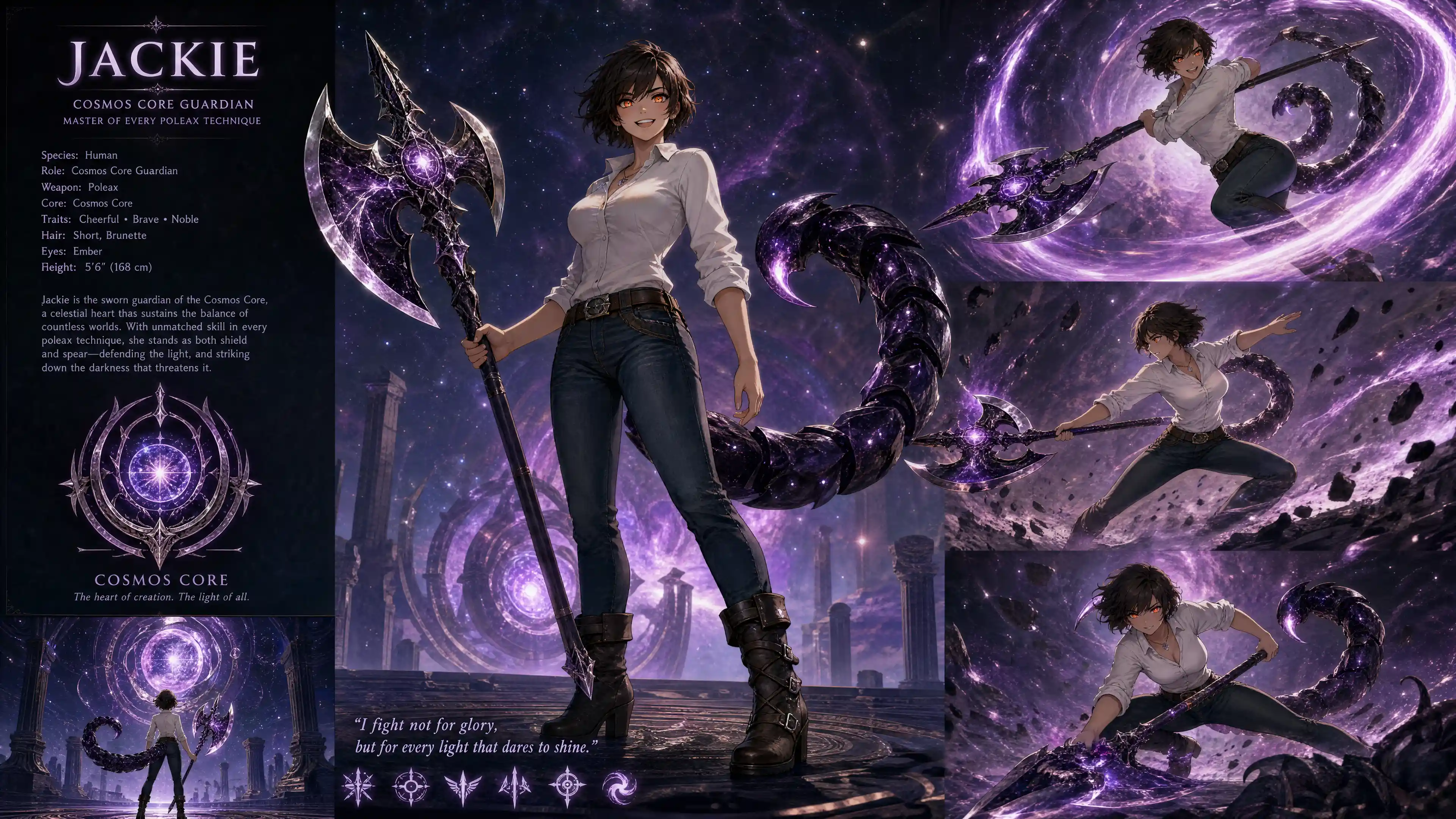 Brave cosmos tailed guardian woman in shirt jeans and boots