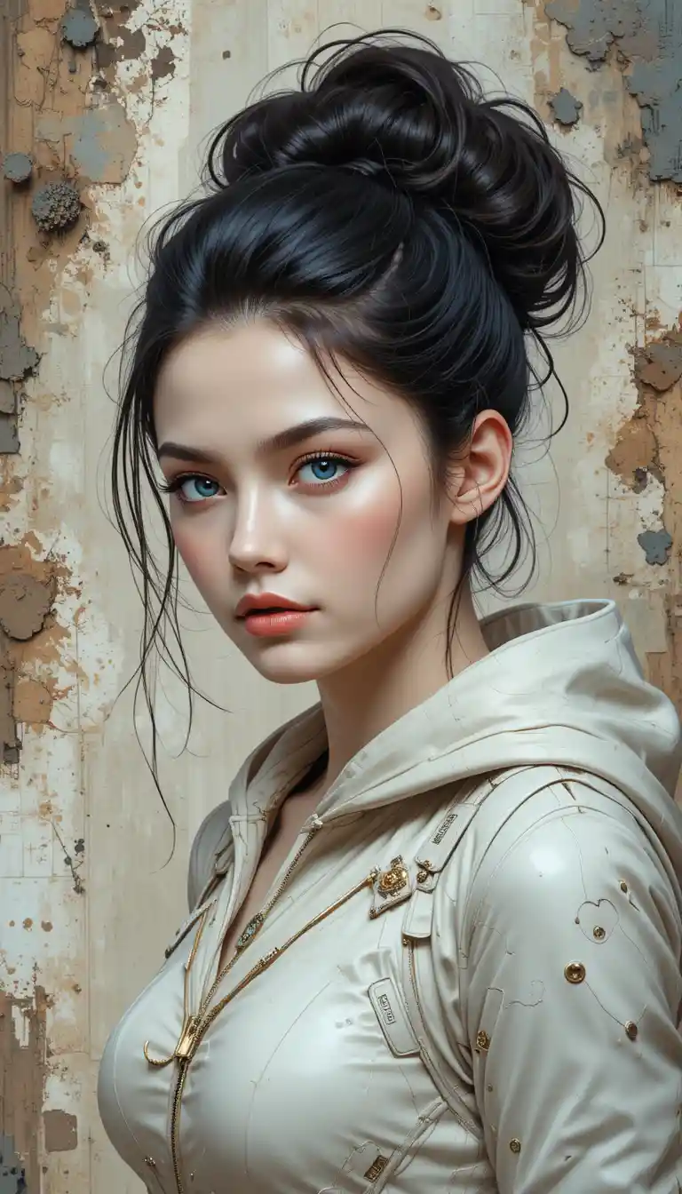 Futuristic portrait of a blue eyed girl in hooded outfit