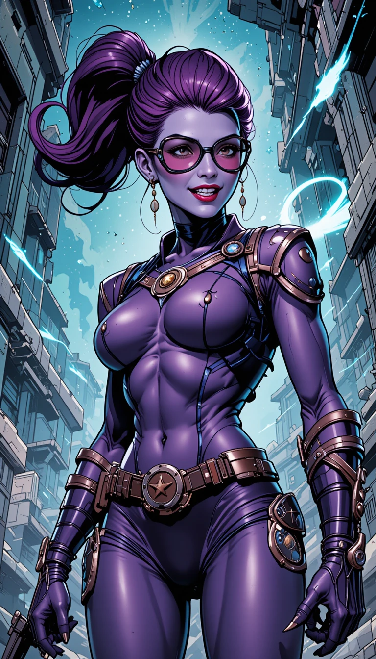 Violet skinned alien woman in futuristic political power
