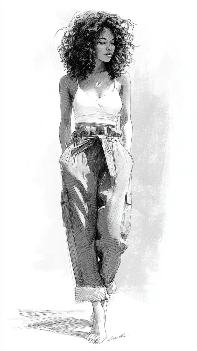 Schizzo di moda di donna riccia con salopette di jeans