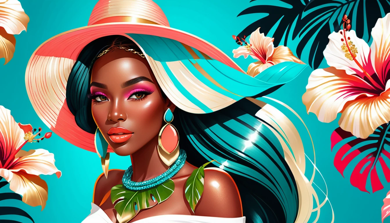 Glam tropical portrait of a stylish black woman in coral hat