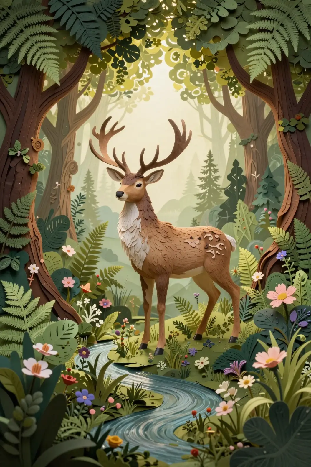 Verzaubertes Wald-Diorama mit edlem Hirsch und Bach