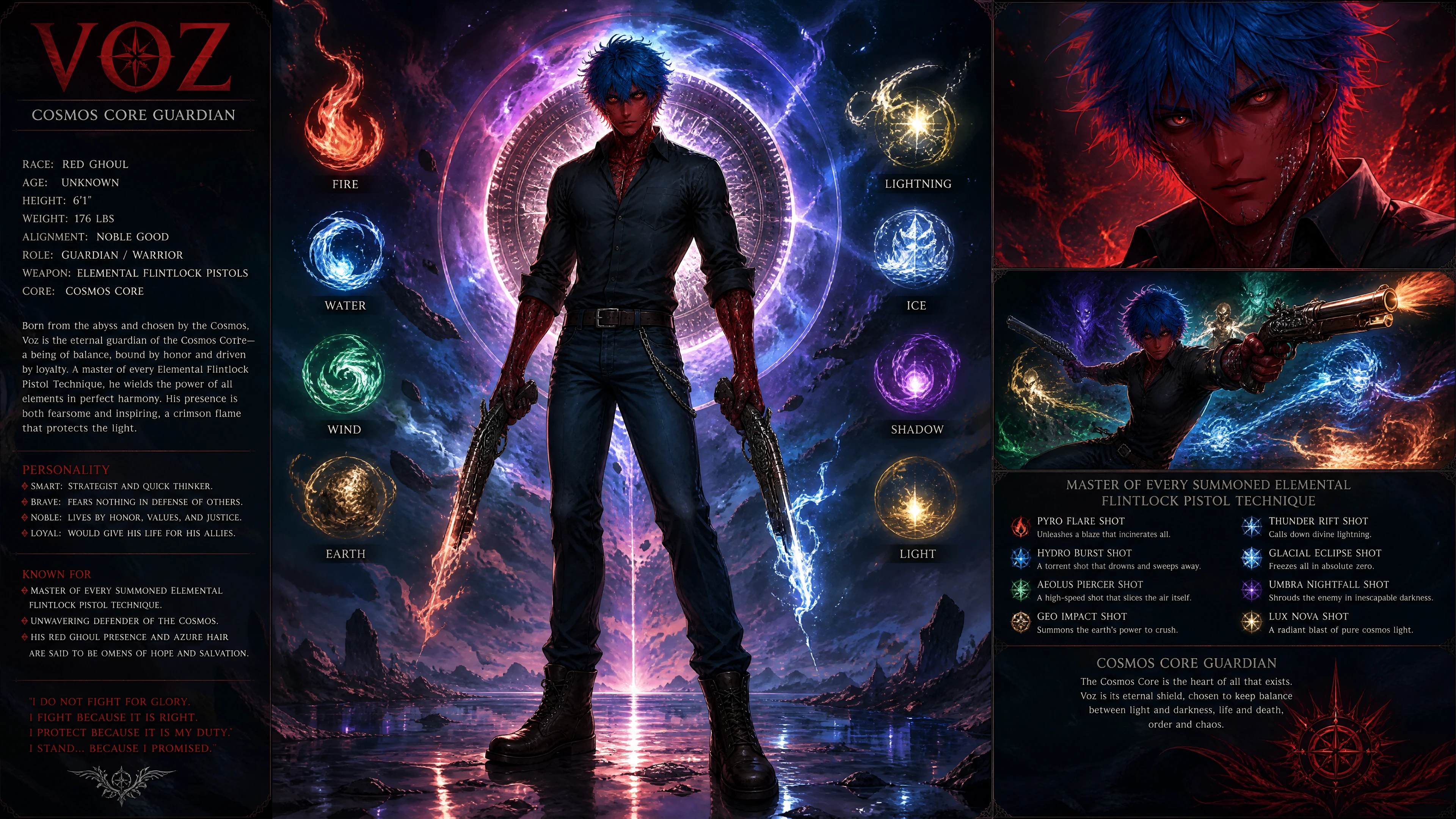 Heroic red ghoul guardian with elemental pistols in cosmic space