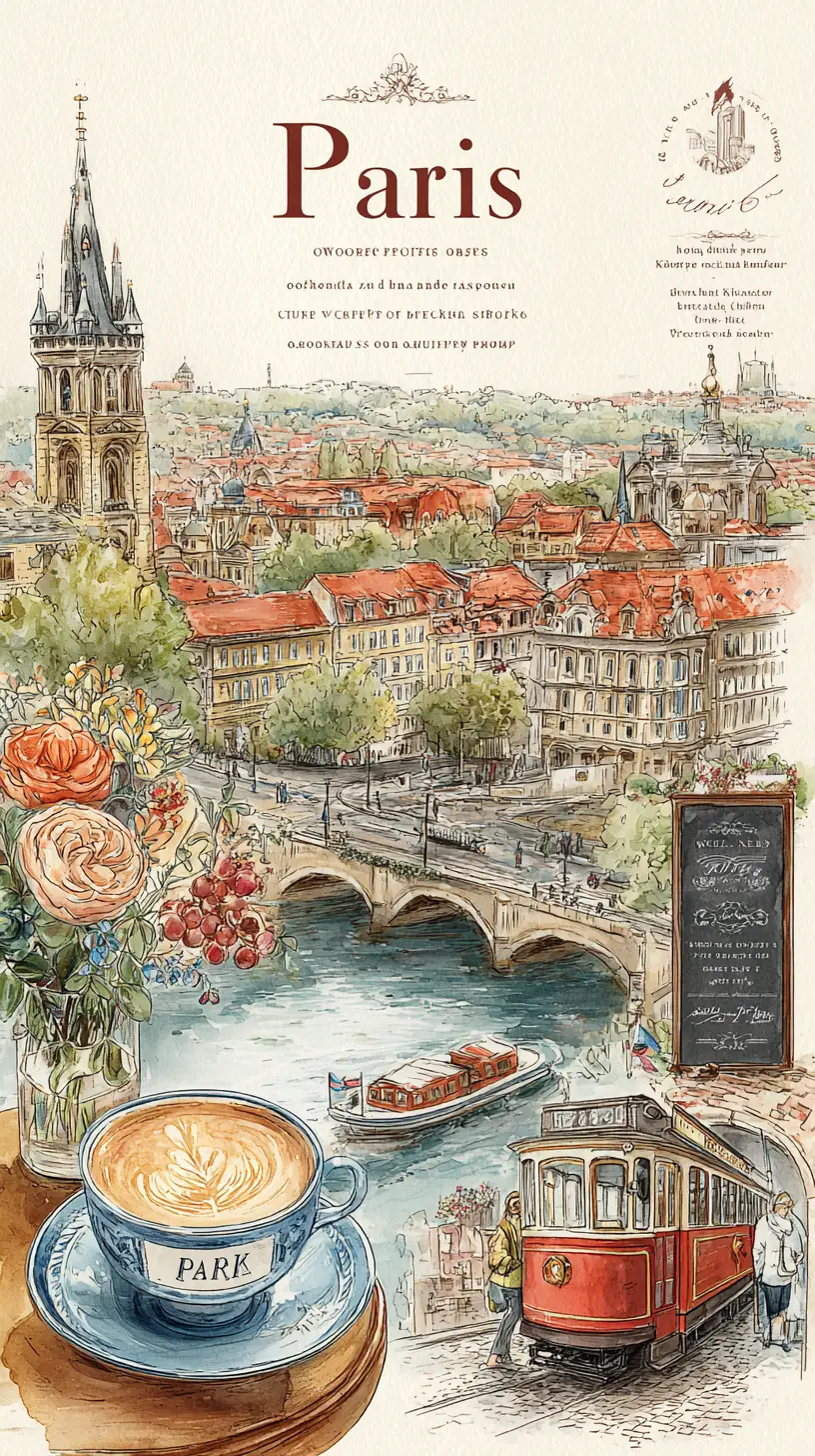 Vue Romantique en Aquarelle d’un Café sur un Pont Historique de Paris