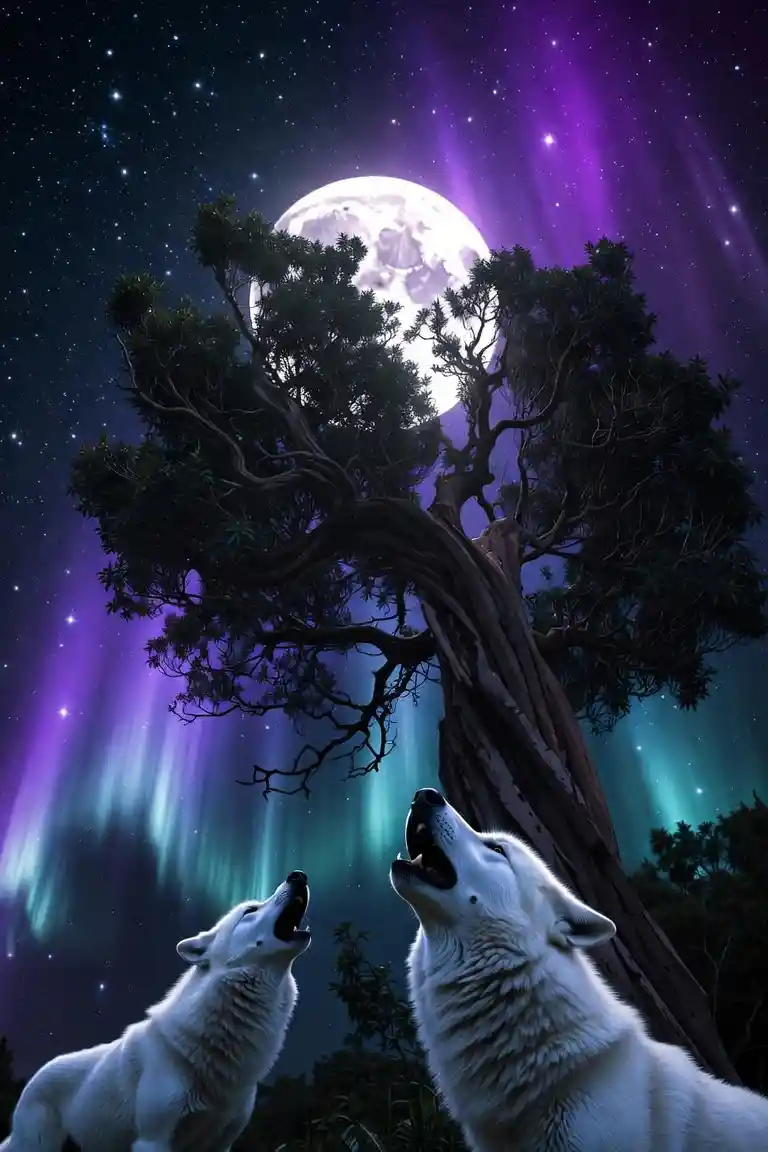 White wolves howling beneath a twisted moonlit forest tree