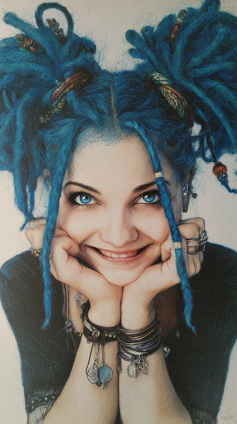 Playful woman with blue dreadlocks in urban chalk lit scene