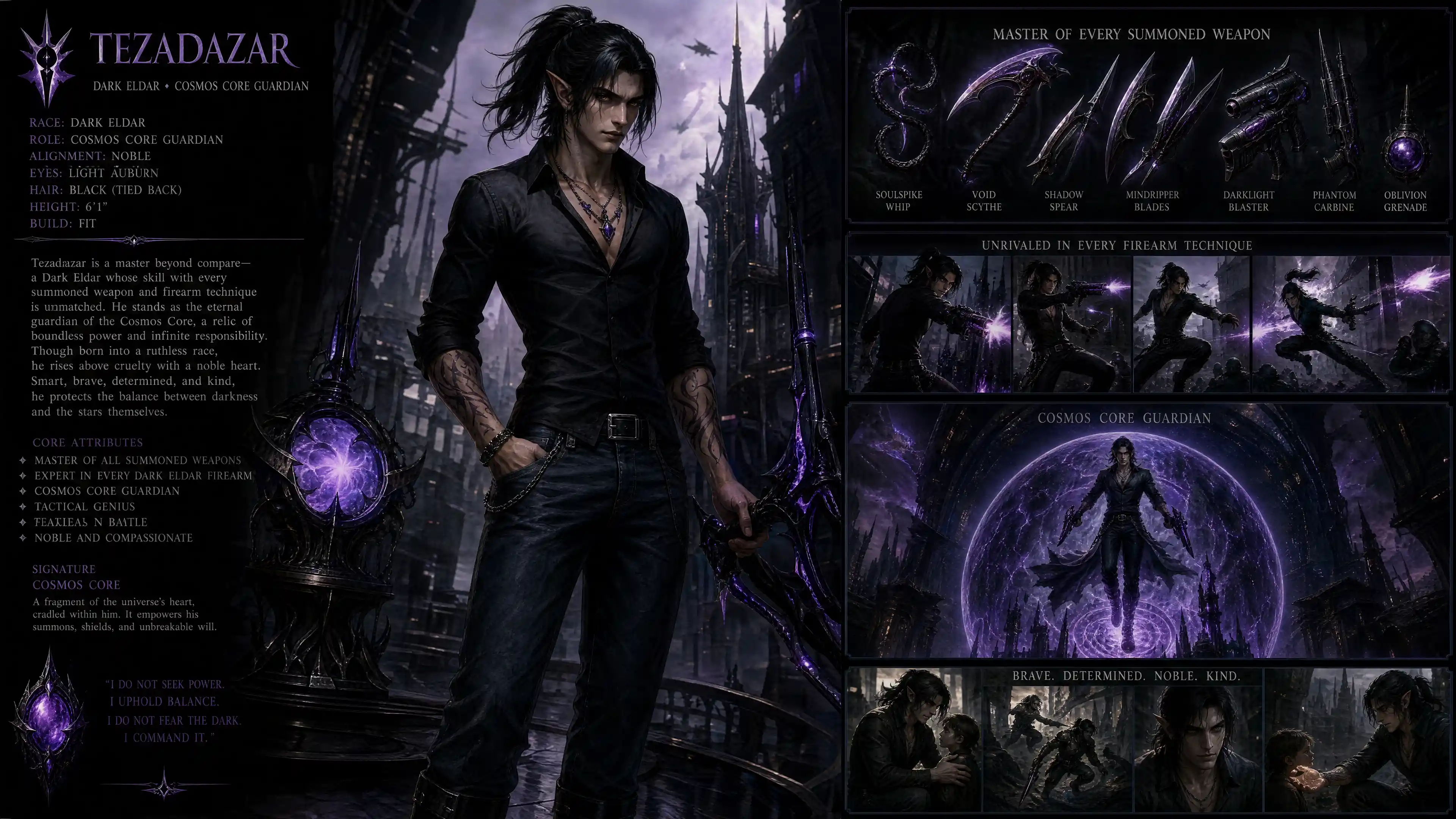 Cosmic guardian warrior in casual clothes with dark aura