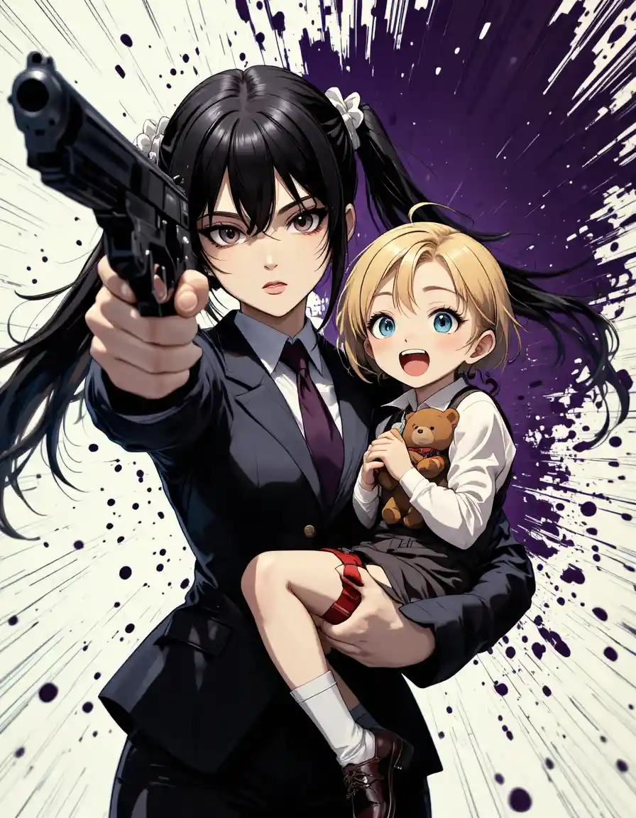 Anime girl aiming a gun in a dynamic close up