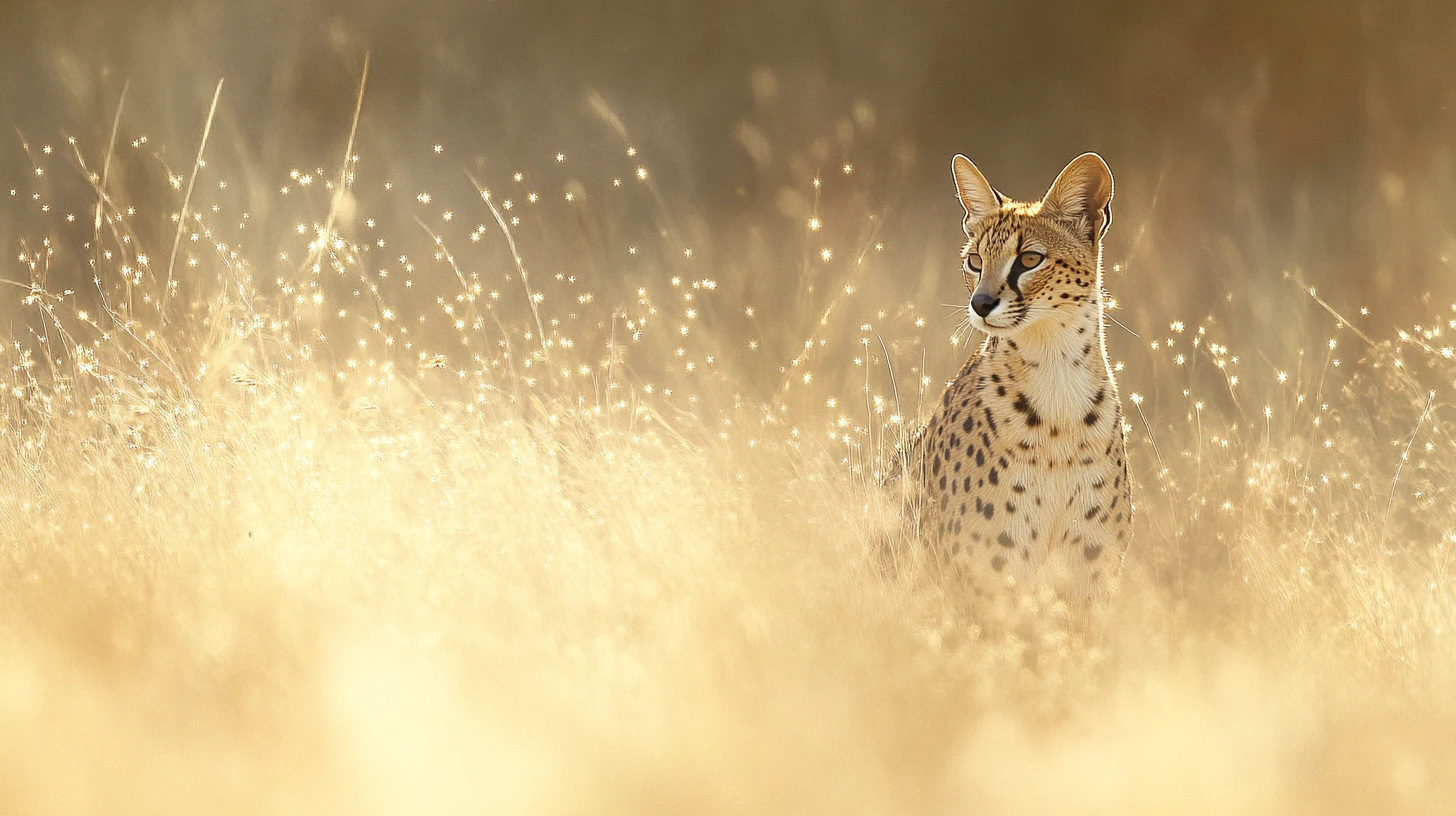 Serval Standing In Tall Grass With Surreal Glowing Paths