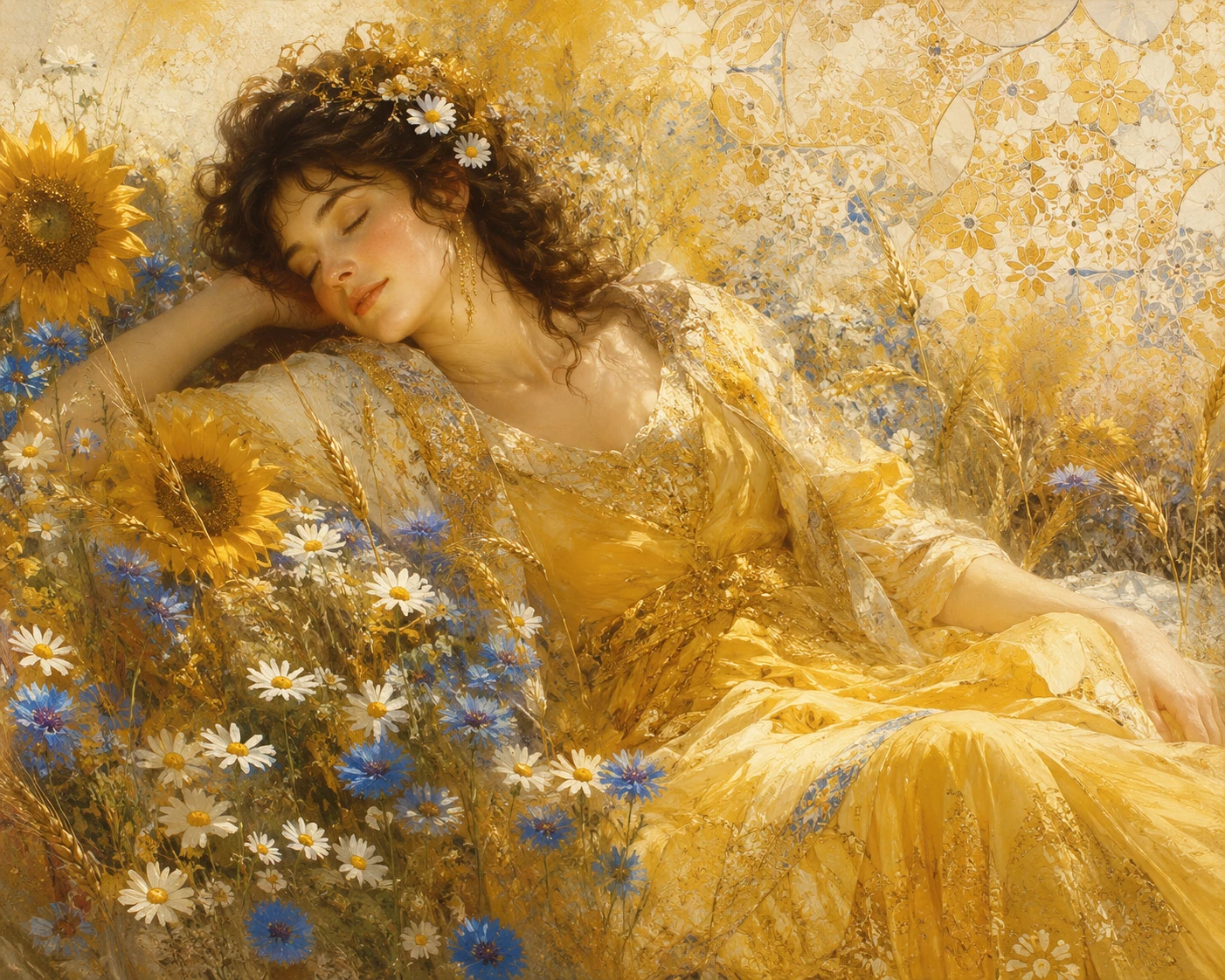 Chica soñadora con vestido amarillo tumbada en un campo de girasoles