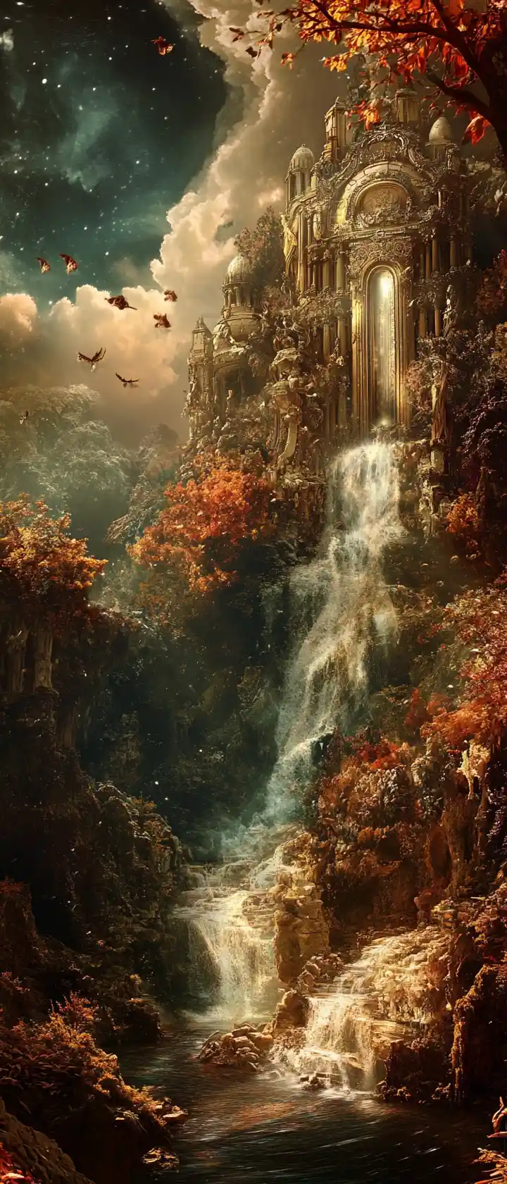 Surreal baroque landscape with vivid vibrant colors