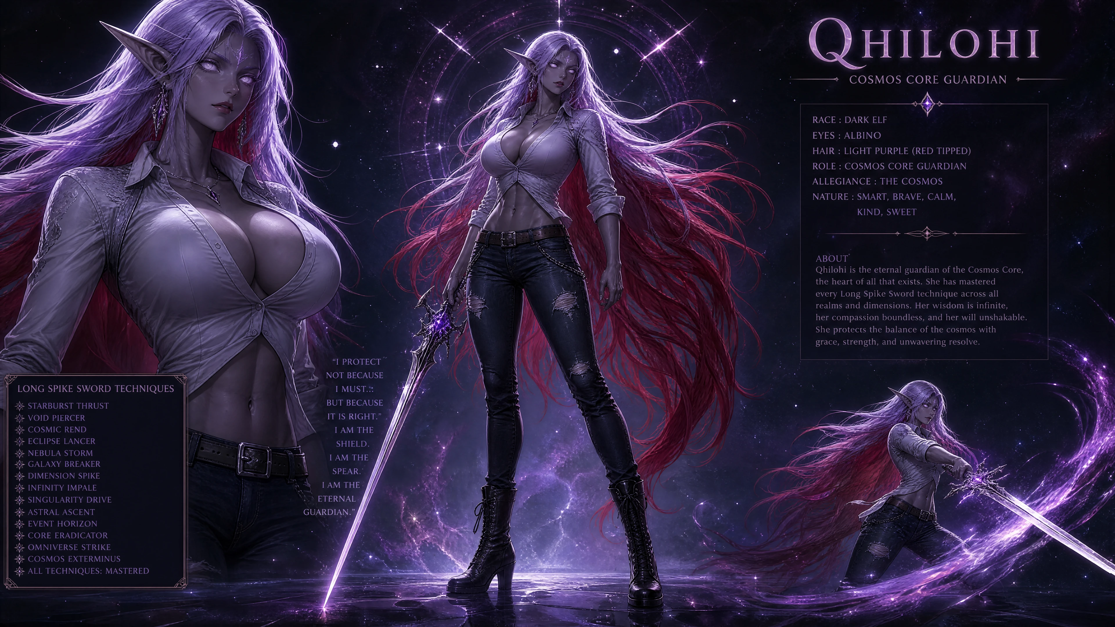 Dark elf woman guardian with cosmic sword mastery