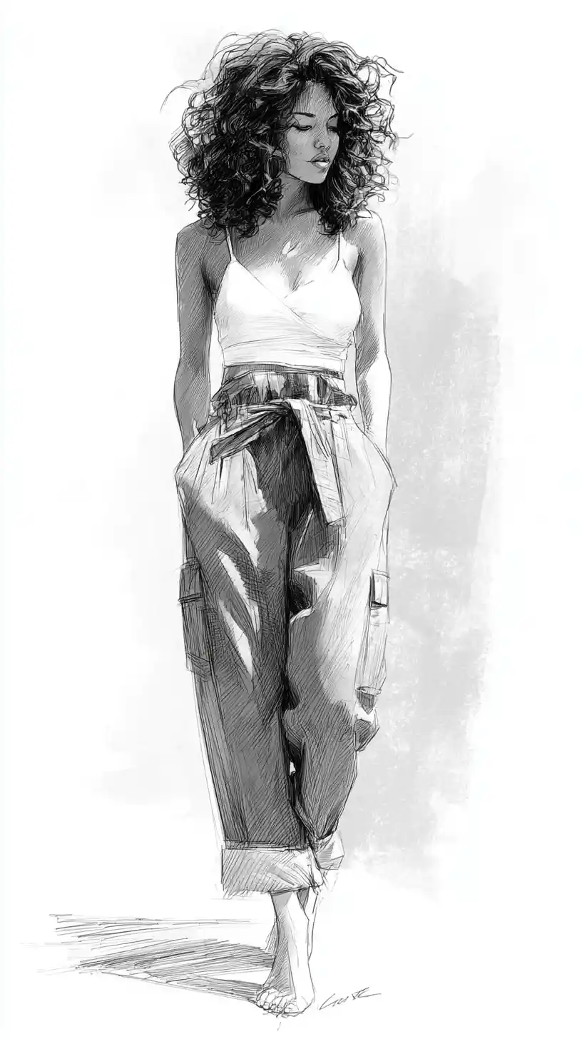 Fashion sketch of a curly haired woman in denim overalls