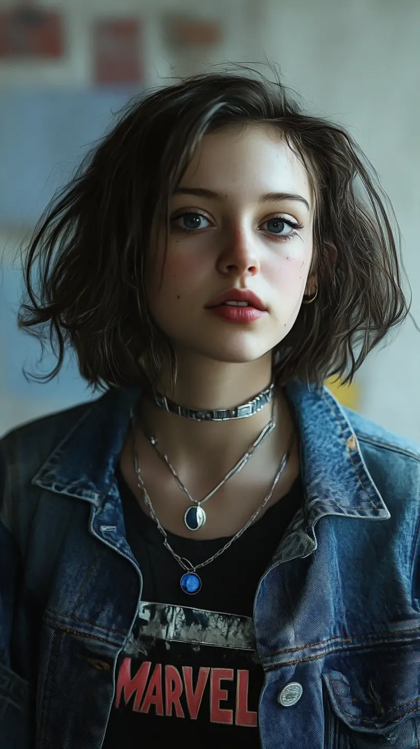 Determined freckled girl portrait with silver bob and jewelry