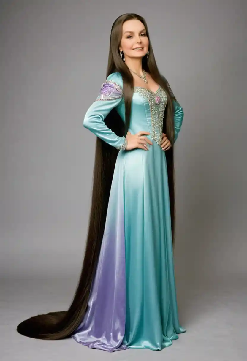 Young woman with extremely long straight hair in side profile