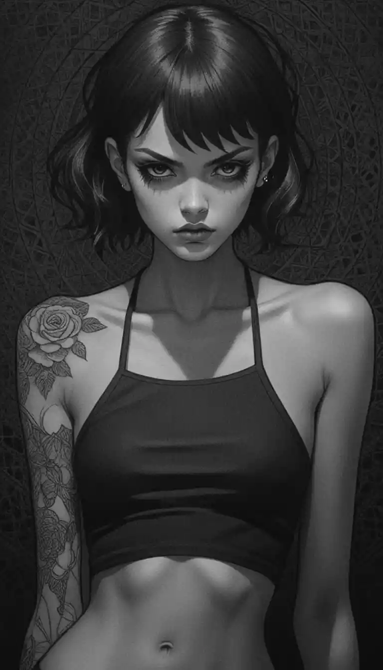 Gothic tattooed woman in dramatic manga style portrait