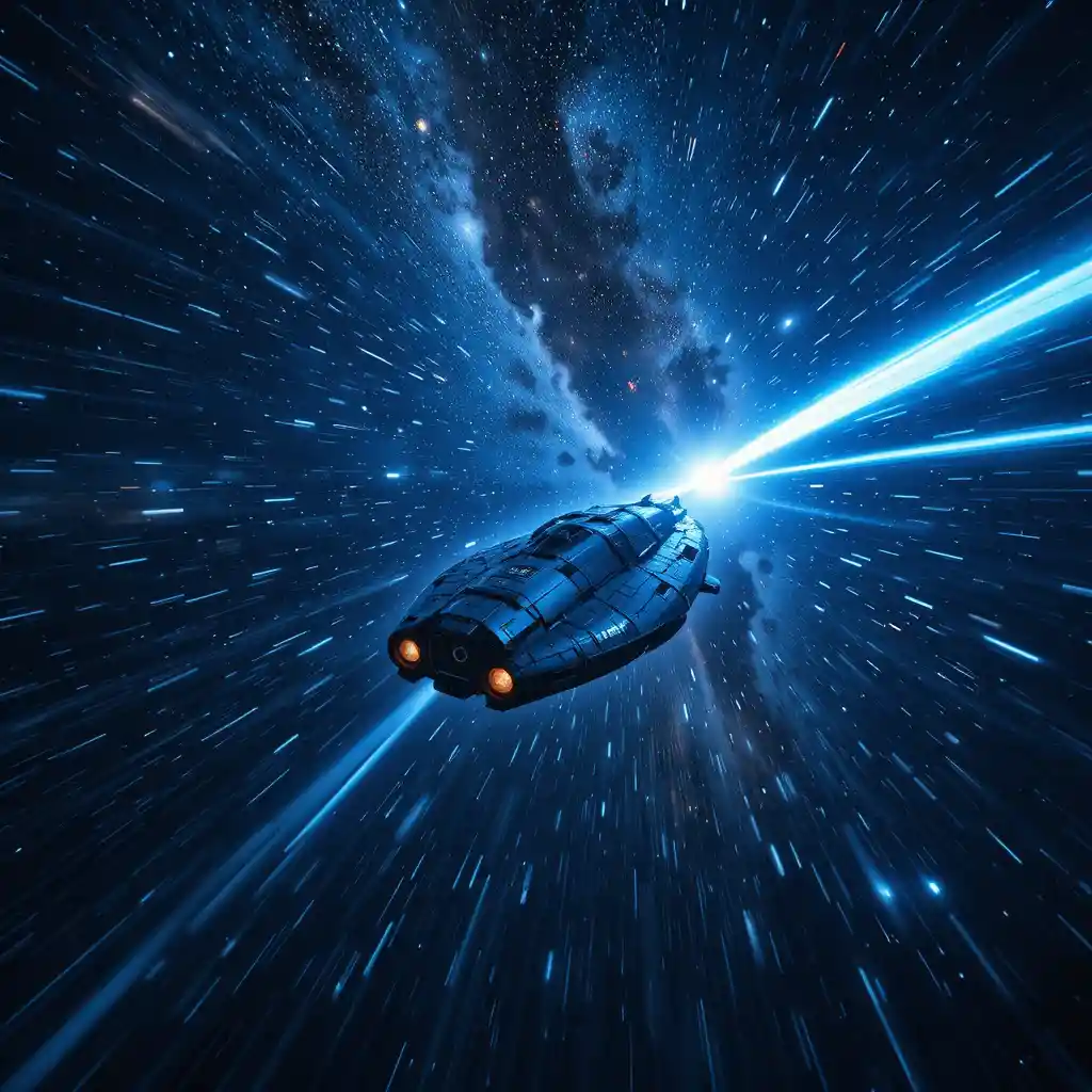 Spaceship Racing Through The Milky Way With Blue Light Trails