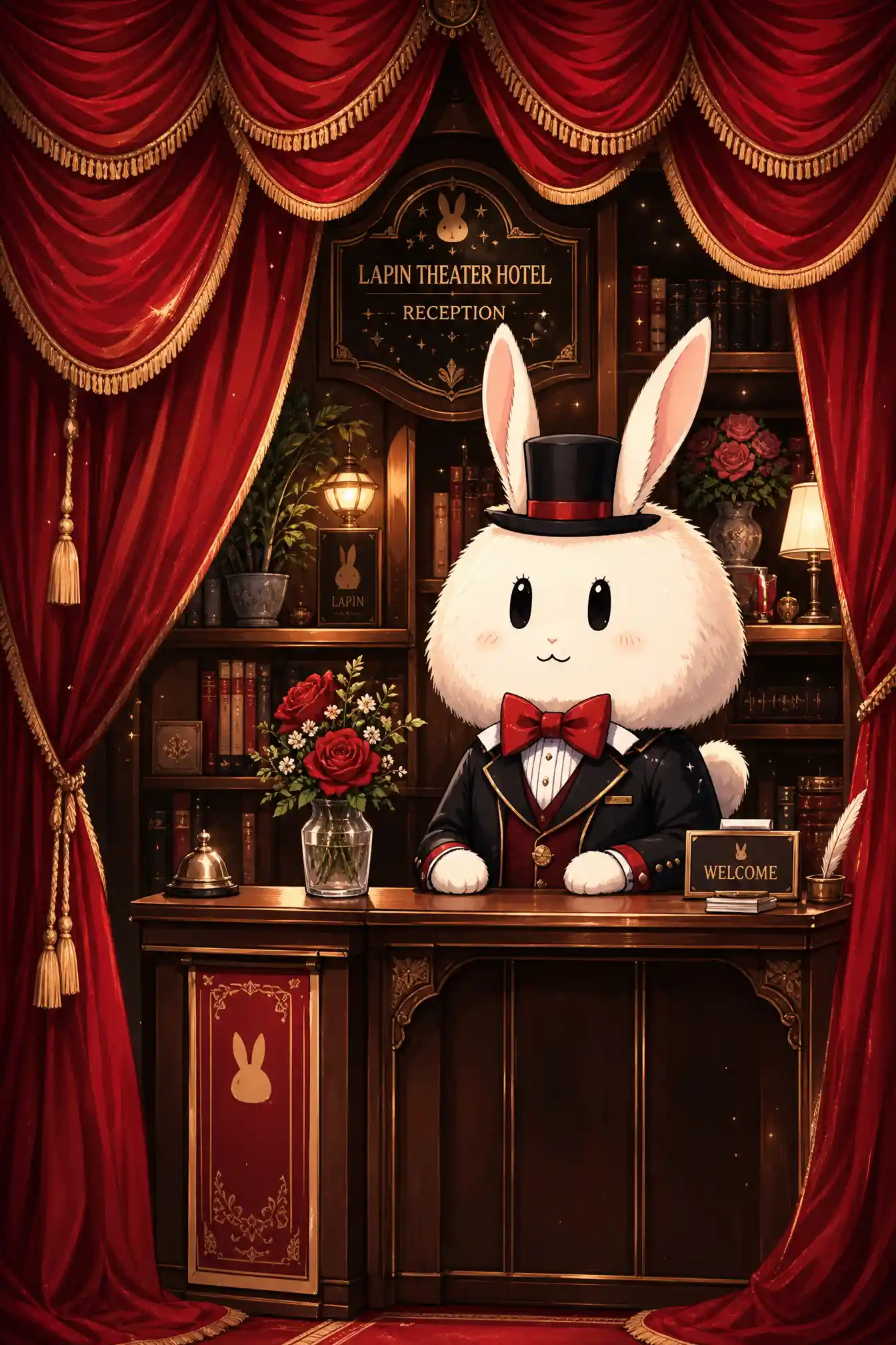 Cute rabbit receptionist in a cozy vintage theater lobby