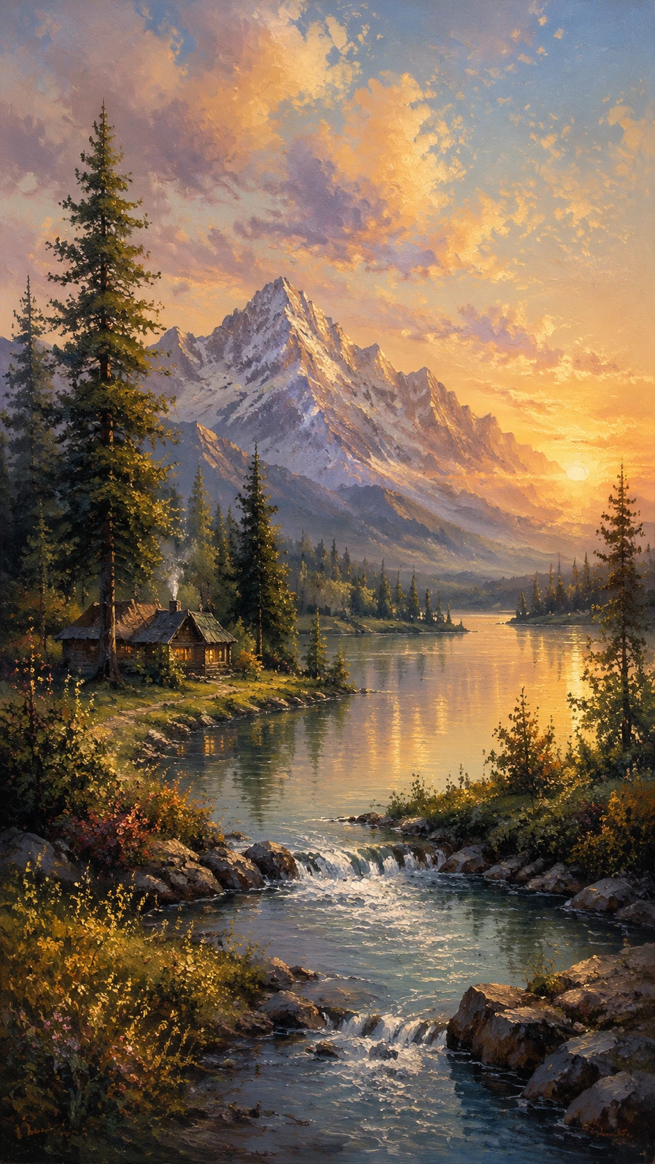 Pintura a óleo de lago de montanha sereno na hora dourada