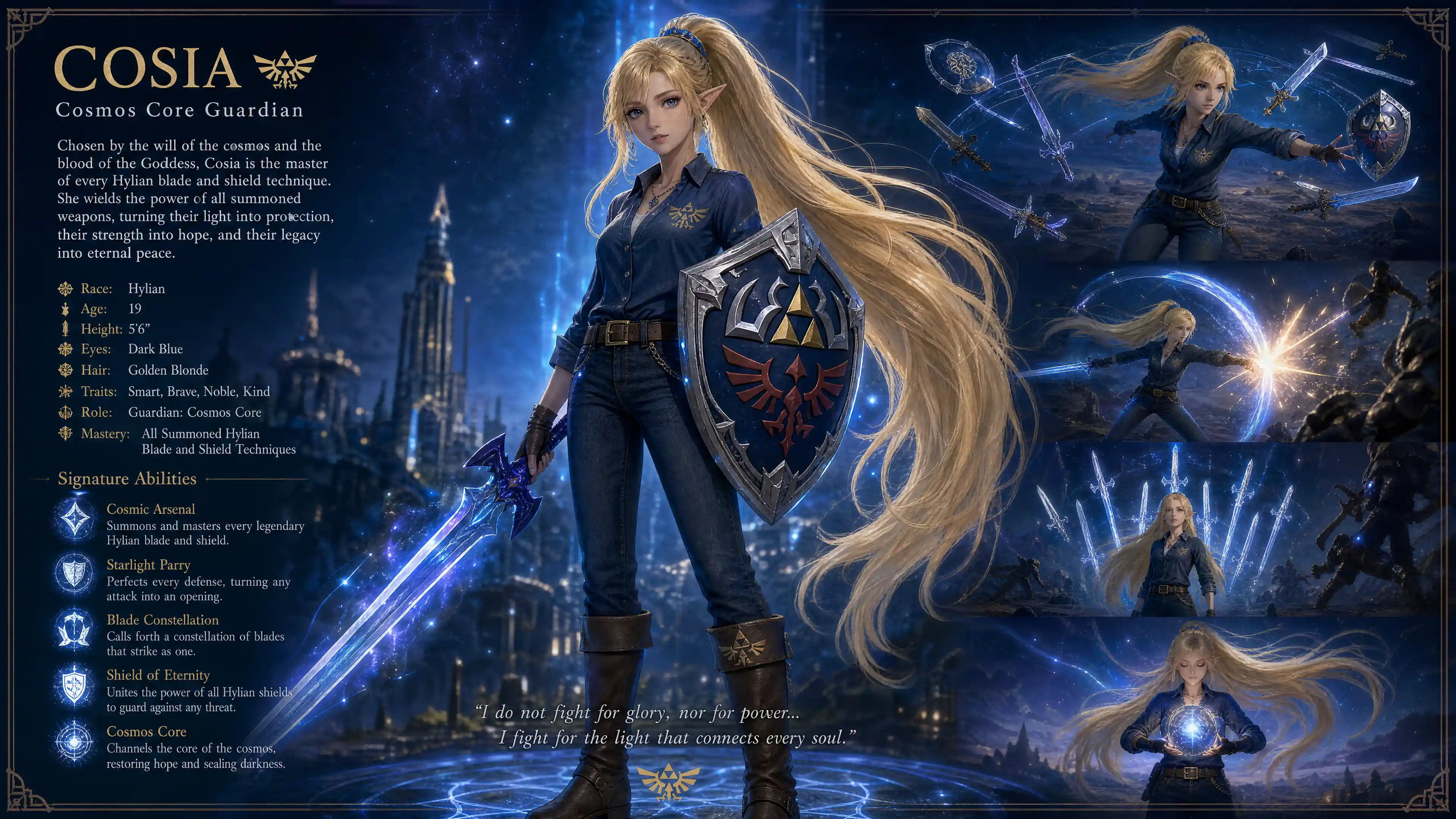 Brave blonde fantasy woman with ponytail in modern casual outfit