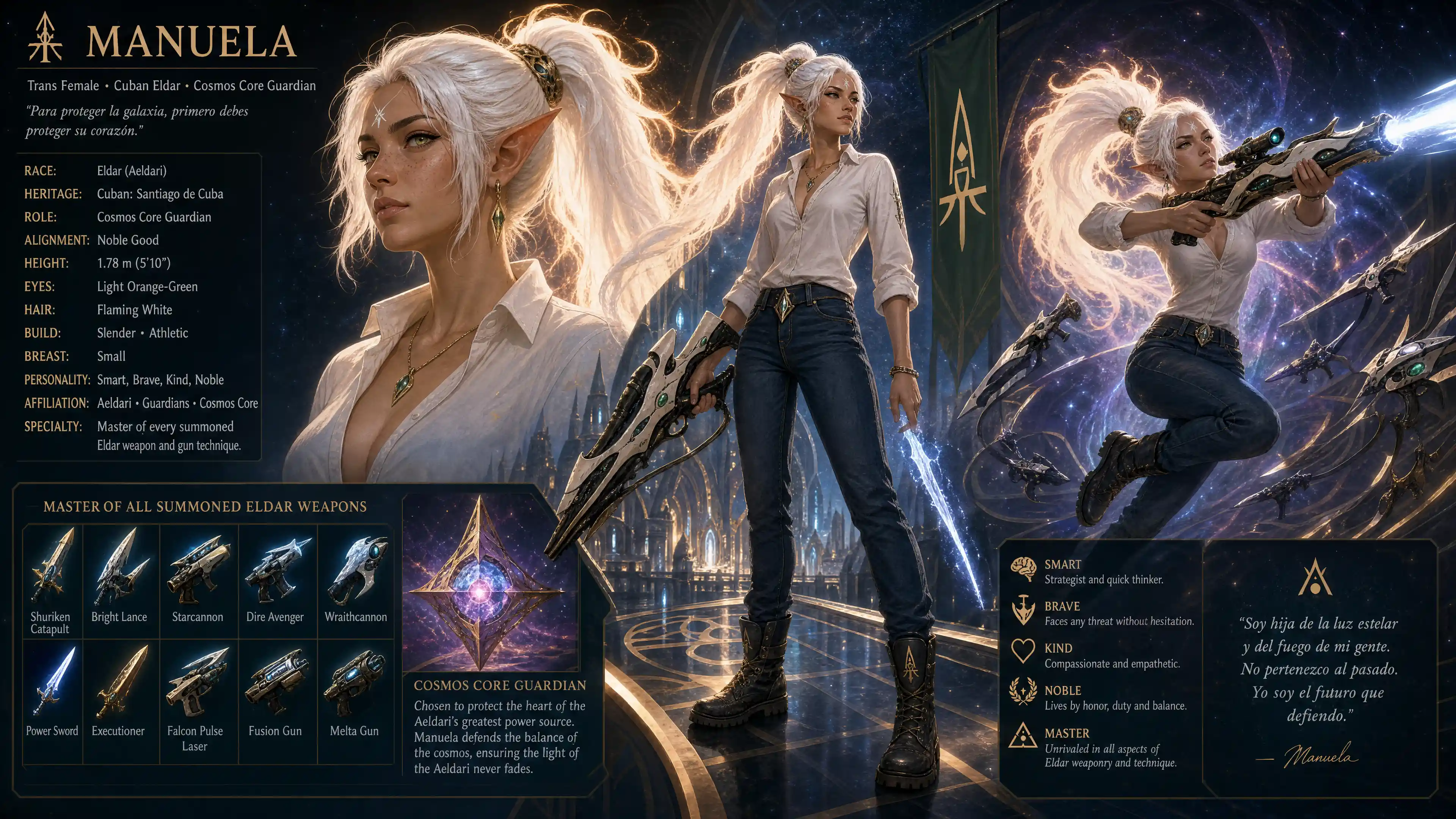Trans female eldar warrior with flaming white ponytail hair