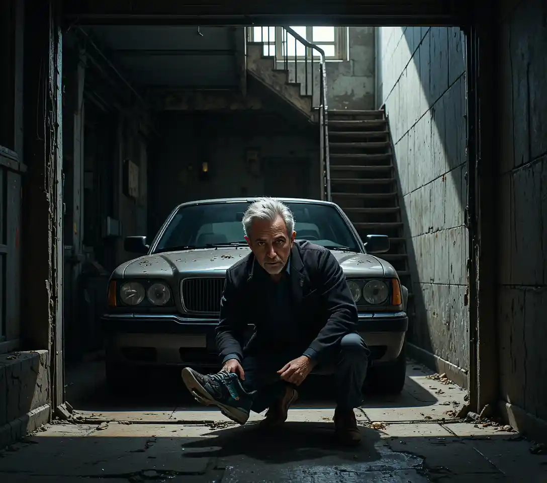 Tired middle aged man sneaking into a dark garage