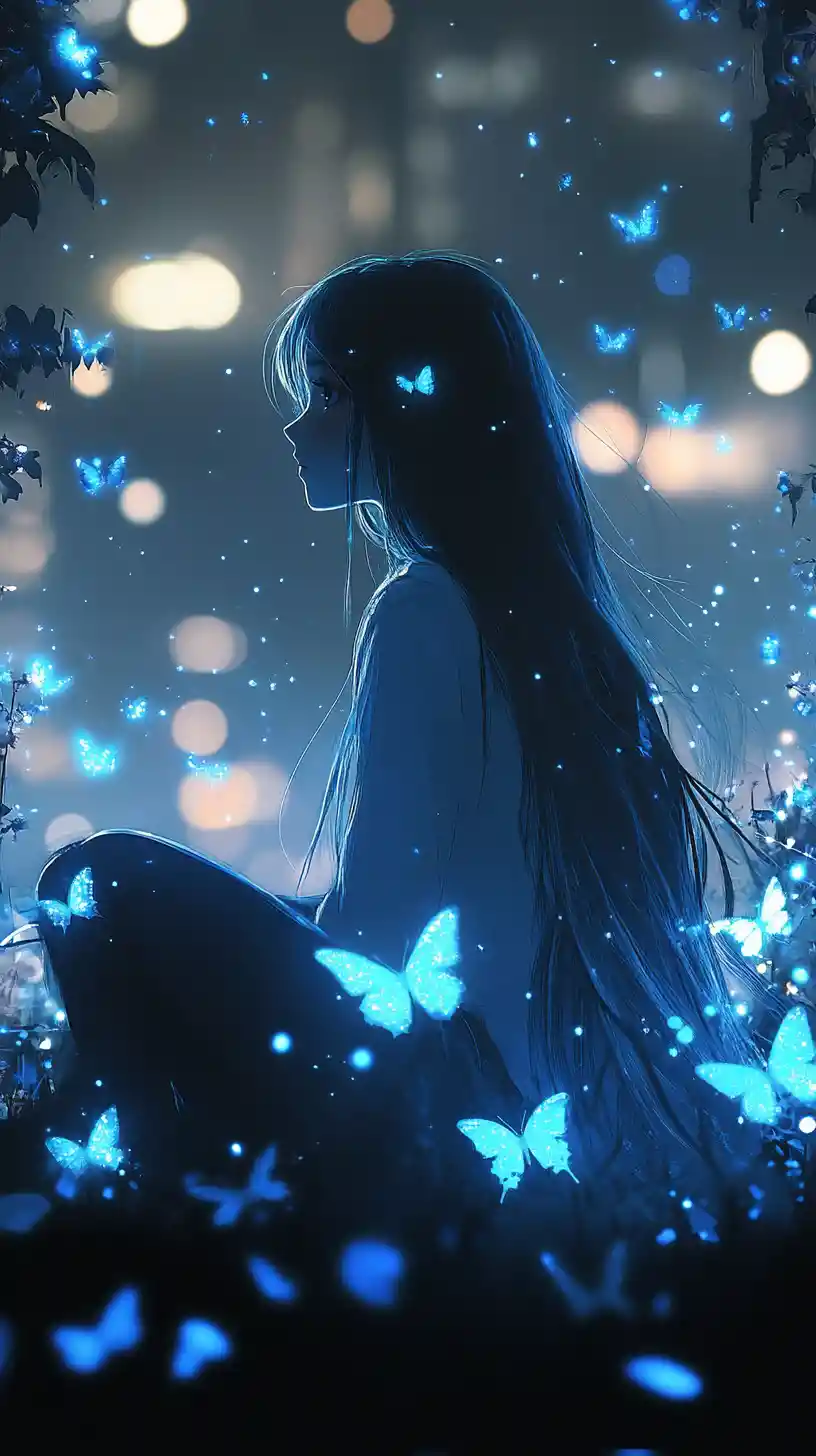 Contemplative anime girl with blue hair and butterflies
