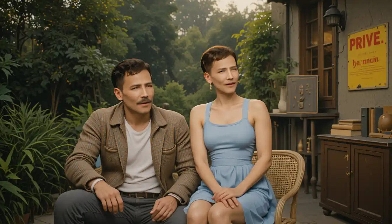 Smiling couple in a lush garden with vintage cinematic mood