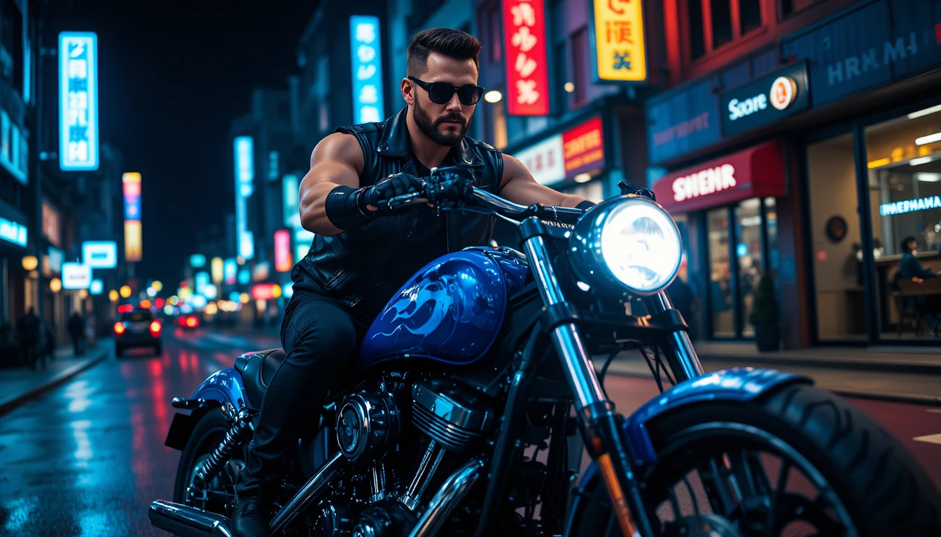 Biker on blue motorcycle under neon city night lights