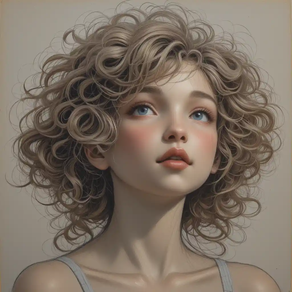 Pastel sketch portrait of a curly haired innocent girl