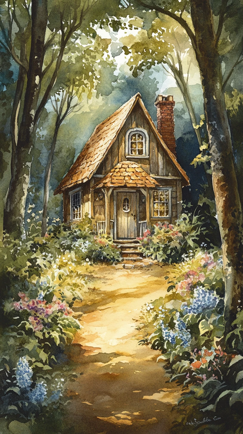 Watercolor forest cottage on a sunlit winding path
