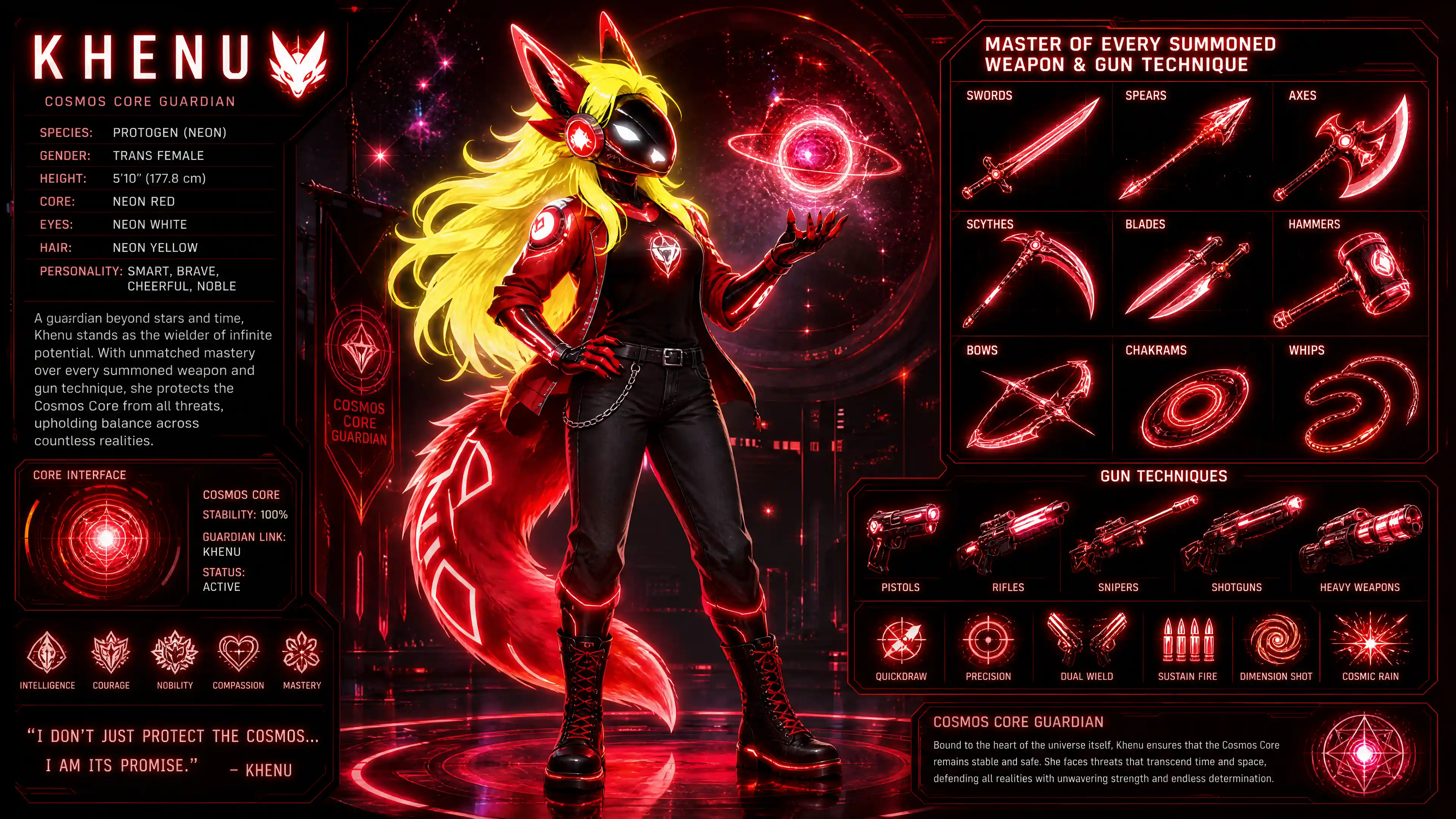 Trans female protogen warrior with neon red armor