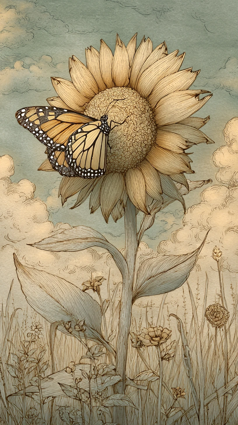 Vintage sunflower illustration with monarch butterfly in bloom