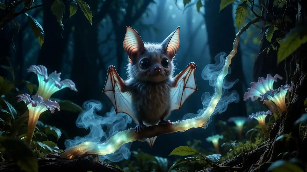 Cute bat on glowing branch in enchanted dark forest