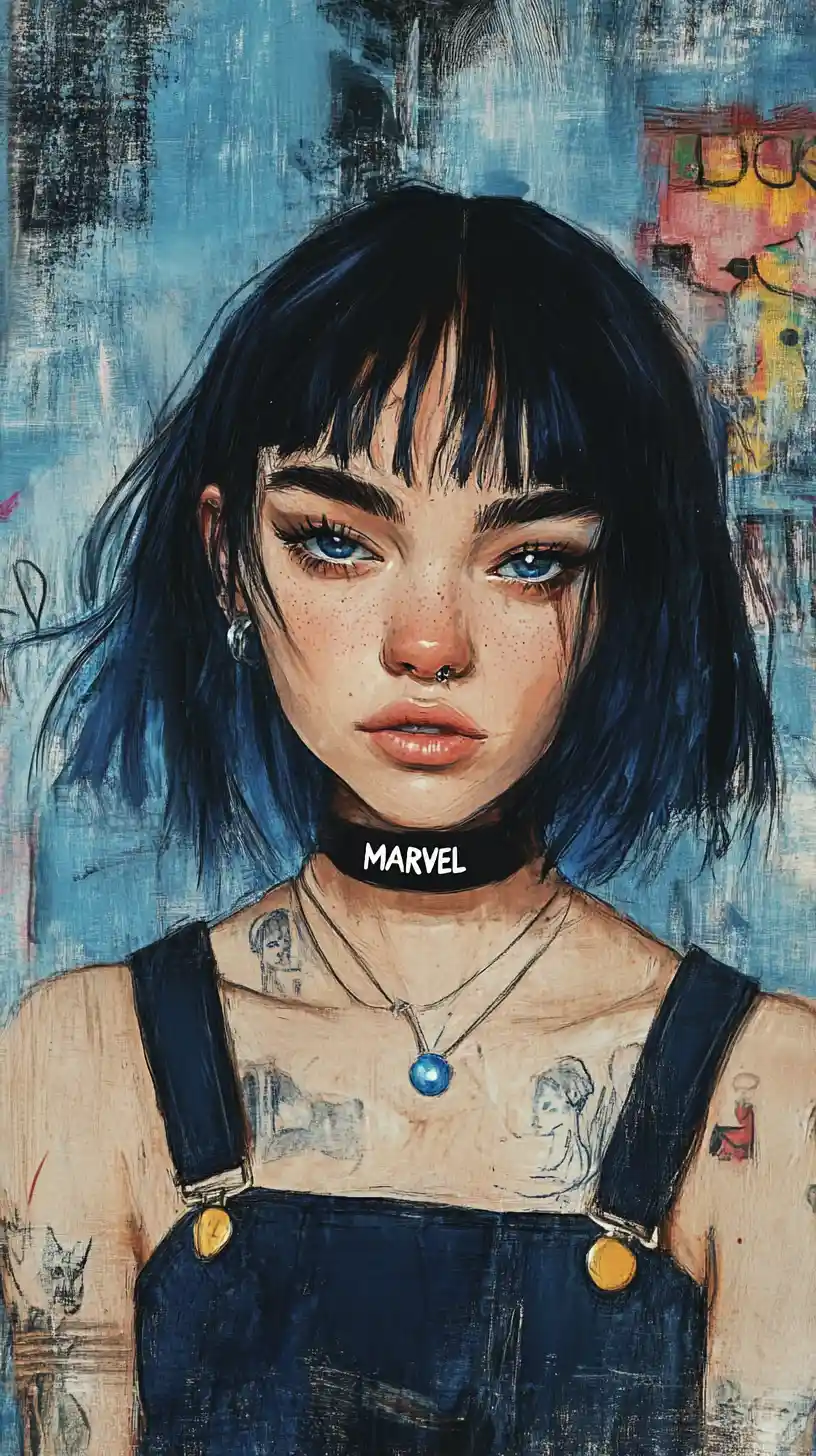 Colored pencil portrait of silver haired girl with jewelry