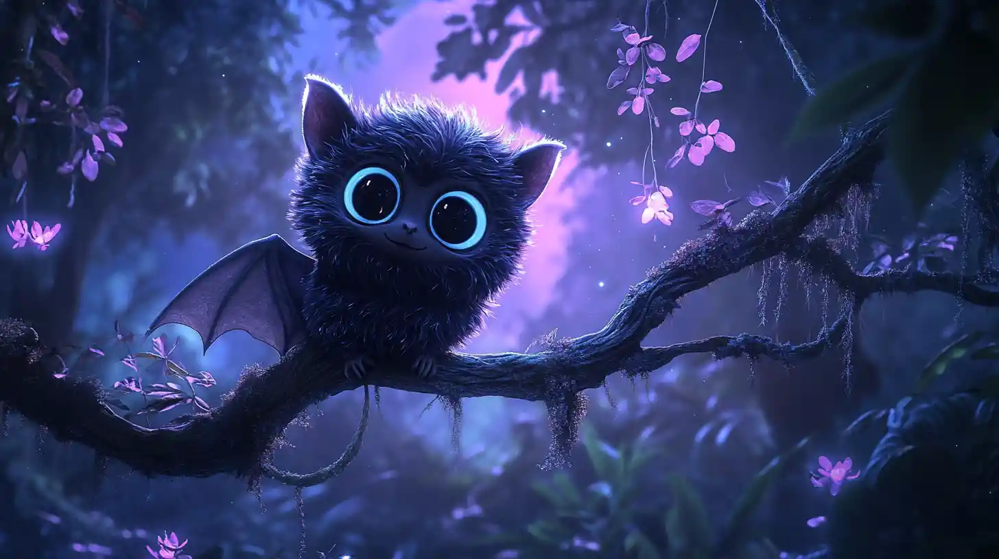 Dolce pipistrello soffice su ramo luminoso in una foresta incantata