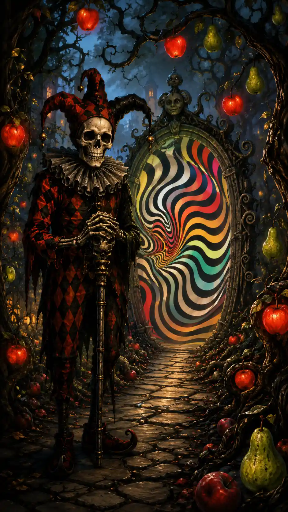 Skeleton jester guarding a vibrant portal in enchanted woods