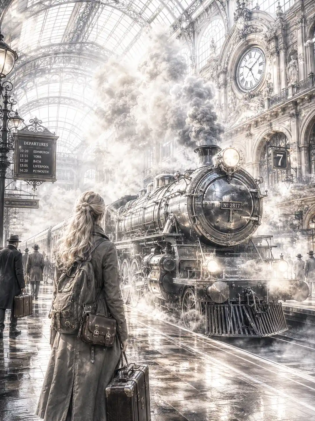 Victorian steam train arriving in a grand glass roof station