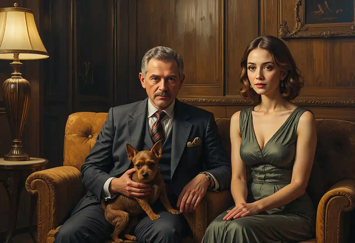 Middle aged man with terrier in melancholic art deco salon